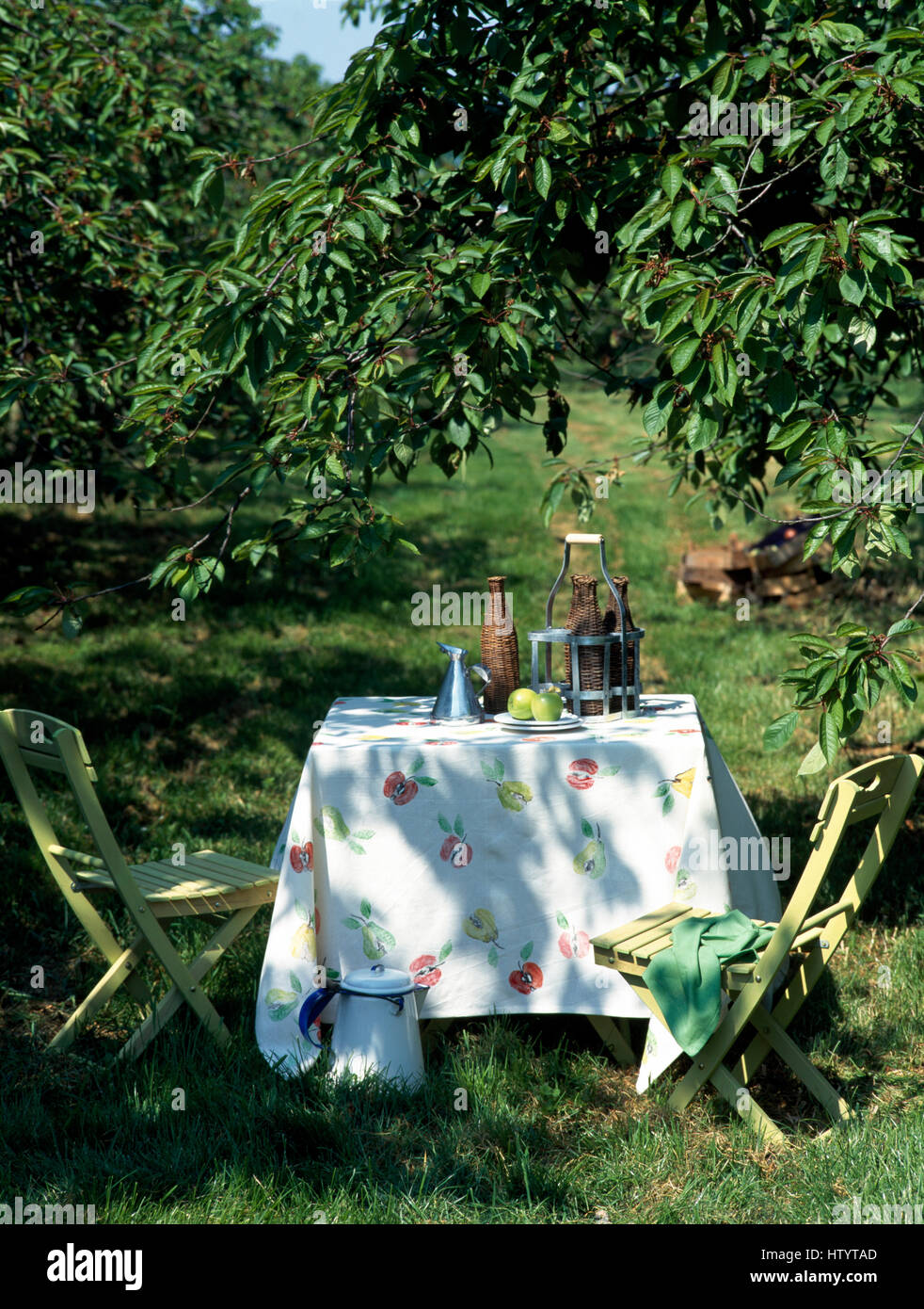 Blasse Grün lackierten Stühle am Tisch mit floralen Tuch und Wicker Flaschen auf Rasen unter einem schattigen Baum in einen Garten im Sommer Stockfoto