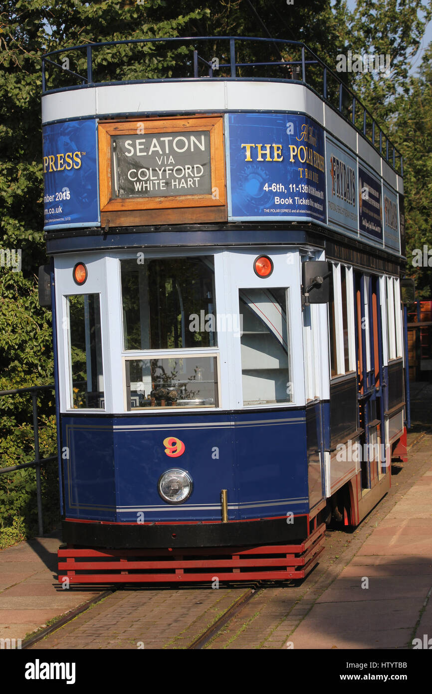 Eine blaue und weiße Straßenbahn auf der Seaton Straßenbahn in Devon an einem sonnigen Tag Stockfoto