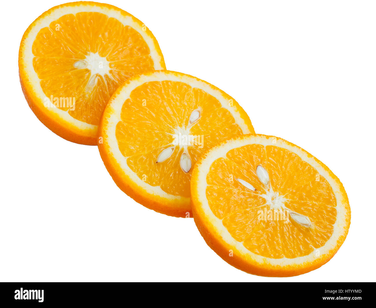 Drei Ringe geschnittenen saftige Reife Orange auf weißem Hintergrund. Stockfoto