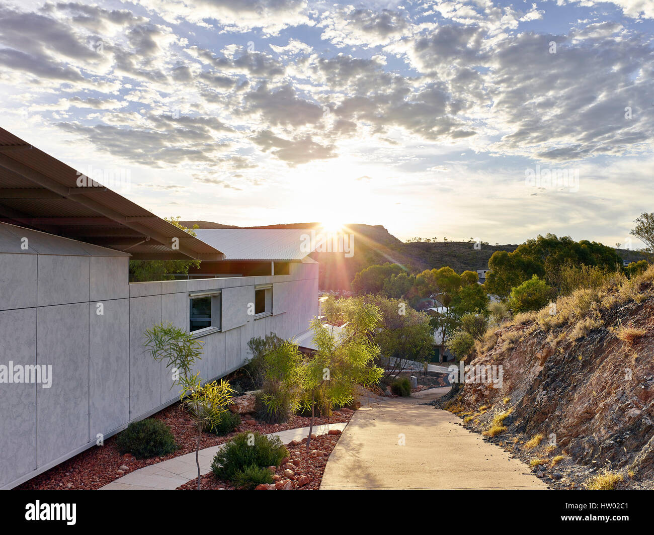 Sonnenuntergang. Desert House, Alice Springs, Australien. Architekt: Dunn Hillam Architekten, 2014. Stockfoto