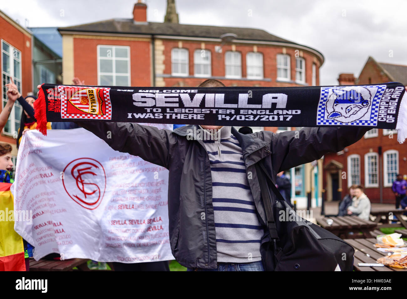 Champions League FC Sevilla in Leicester City Centre, Großbritannien. Stockfoto