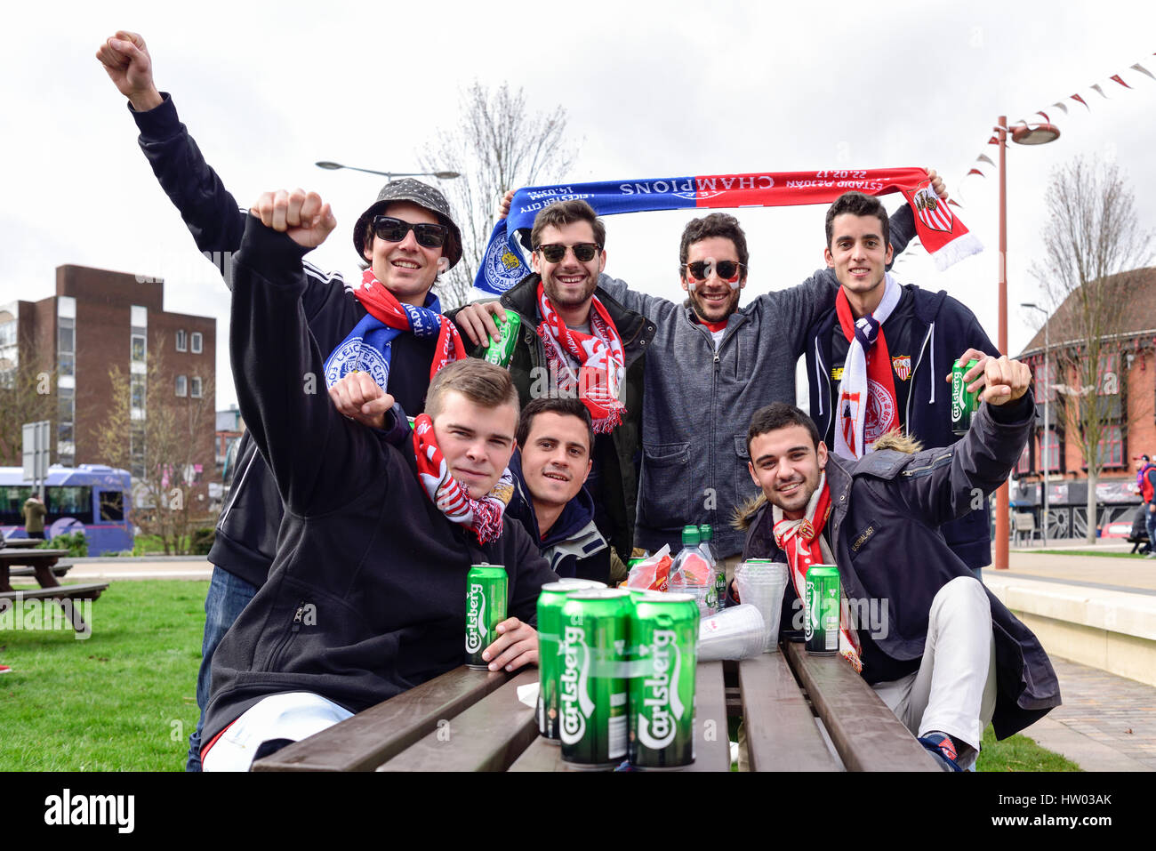 Champions League FC Sevilla in Leicester City Centre, Großbritannien. Stockfoto