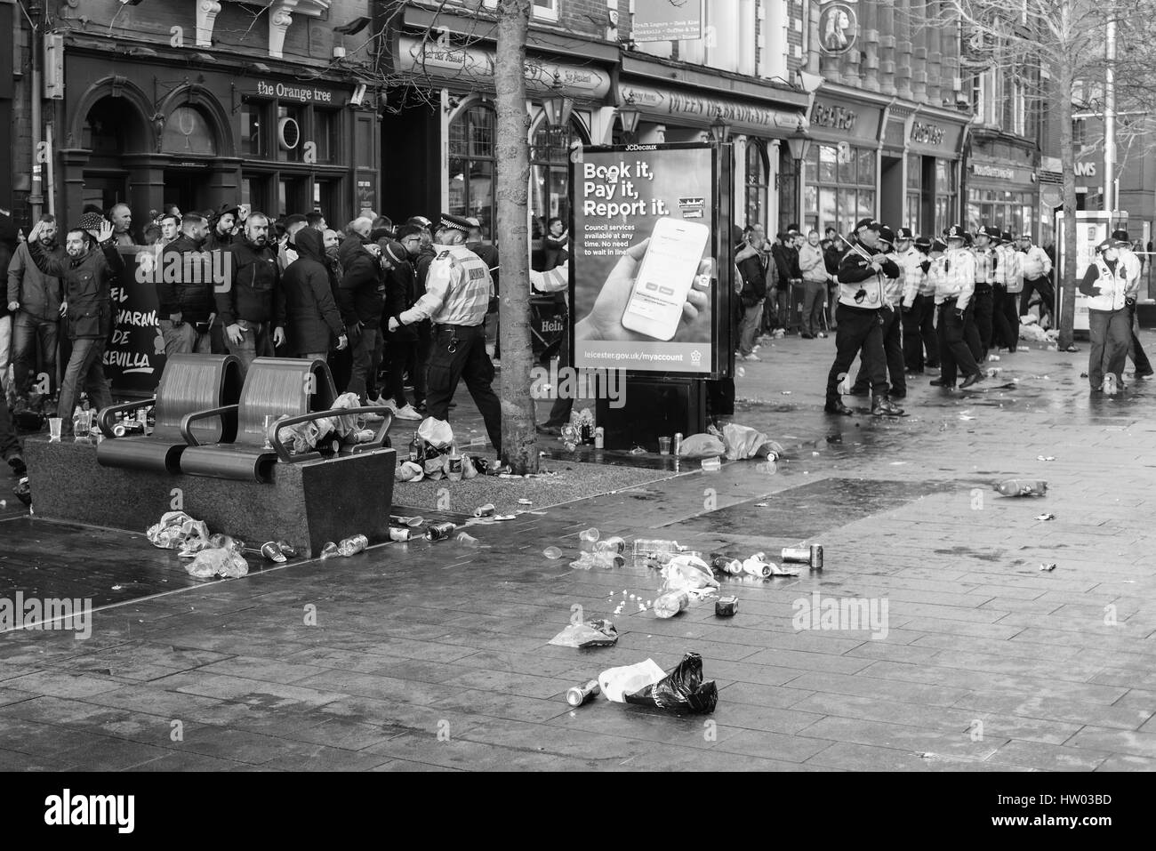 Champions League FC Sevilla in Leicester City Centre, Großbritannien. Stockfoto