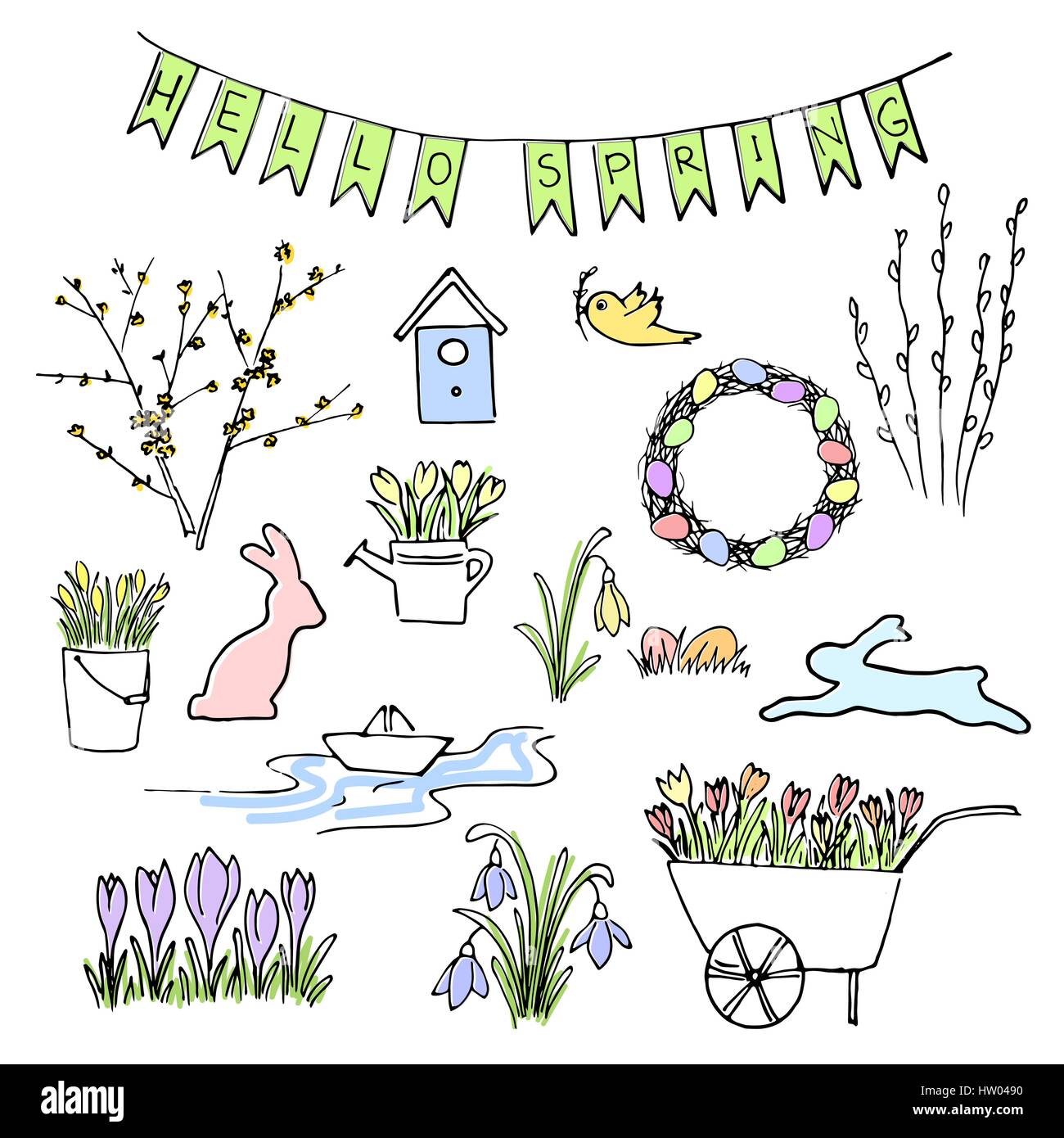 Hallo Frühling farbige Skizze festgelegt. Erste Blumen, Gartenarbeit und Schriftzug. Stock Vektor