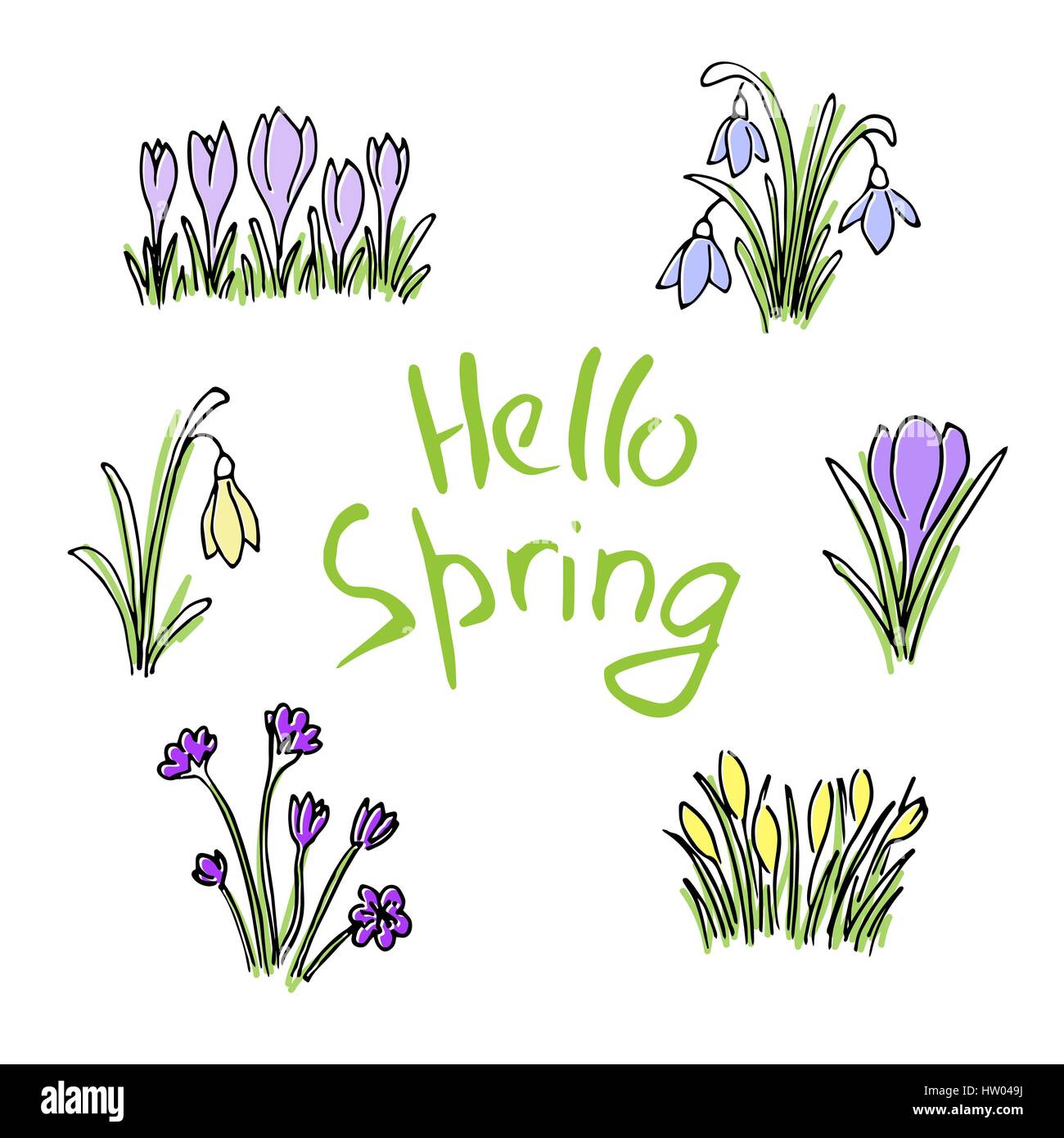 Hallo Frühling farbige Skizze festgelegt. Erste Blüten und Schriftzug Stock Vektor