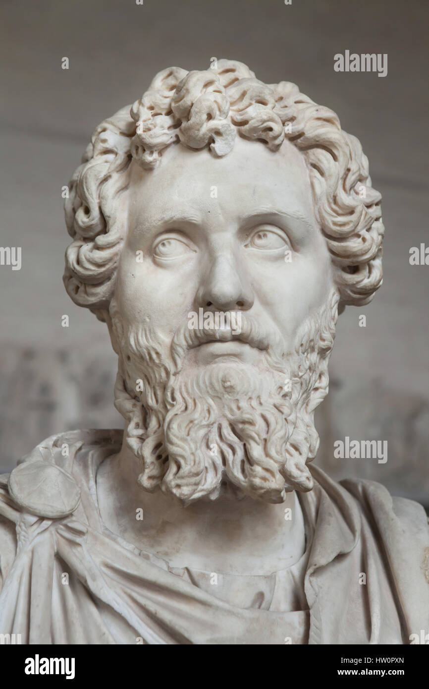 Marmorbüste von Roman Emperor Septimius Severus (193-211 n. Chr. Herrschaft) auf dem Display in der Glyptothek in München, Bayern, Deutschland. Stockfoto