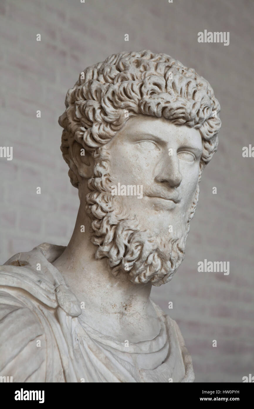 Roman Emperor Lucius Verus (Regierungszeit 161-169 n. Chr.), Adoptivbruder von Marcus Aurelius und seine Mitregenten. Marmorbüste auf dem Display in der Glyptothek in München, Bayern, Deutschland. Stockfoto