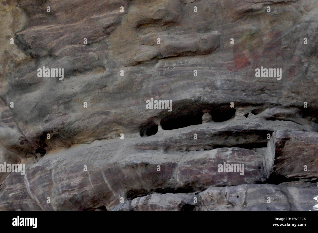 Bhimbhetka Abris, einfache, Madhya Pradesh, Indien - 22. Januar 2016: prähistorische Malerei eines gehörnten Ebers angreifen menschlichen Rock Shelter 15 ein Stockfoto