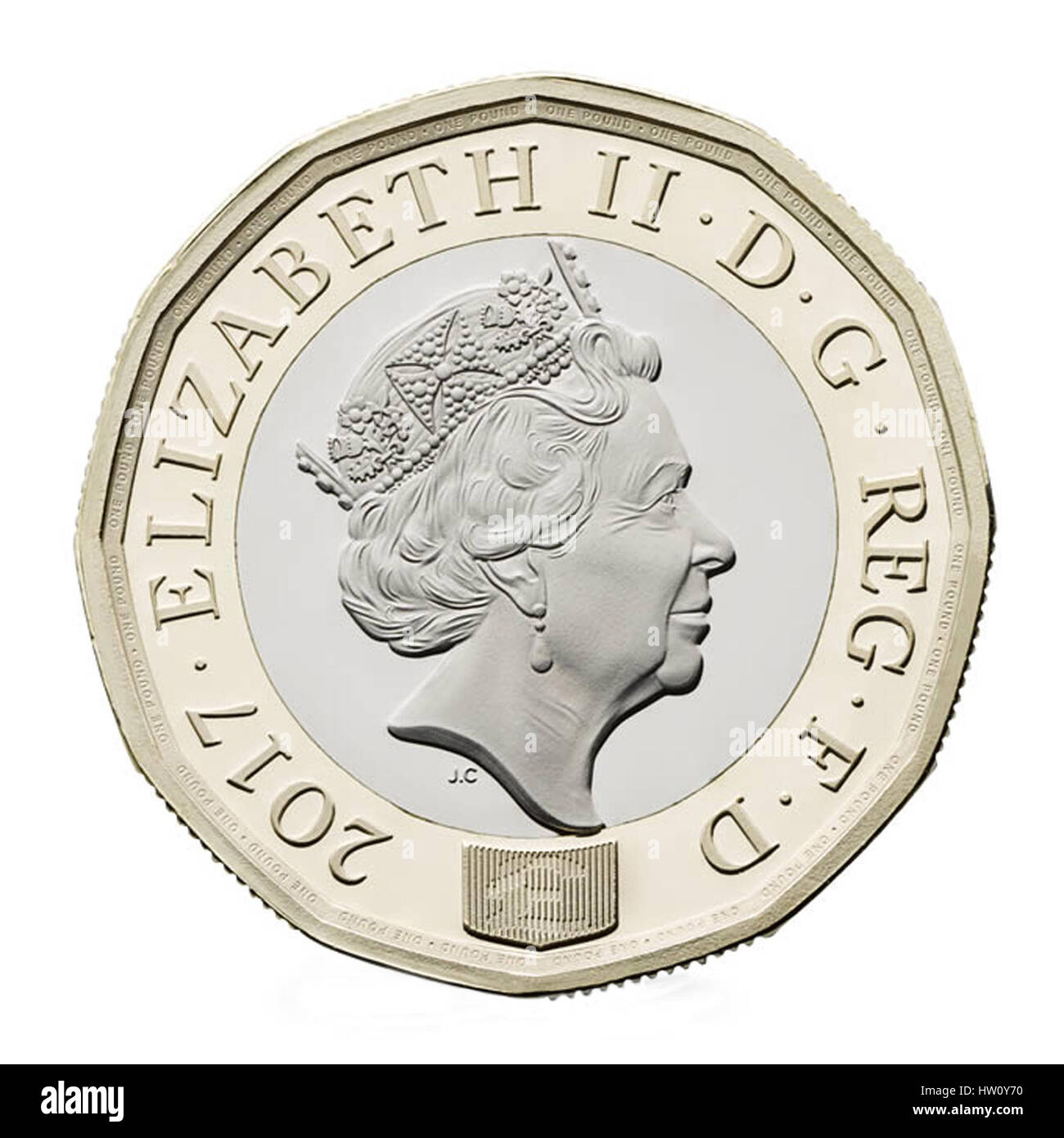 2017 englische Pfund-Münze isoliert auf weißem Hintergrund. Die neue UK £1 Münze treten Zirkulation im März 2017, und The Royal Mint produziert 1,5 Milliarden der neuen Münzen. Stockfoto