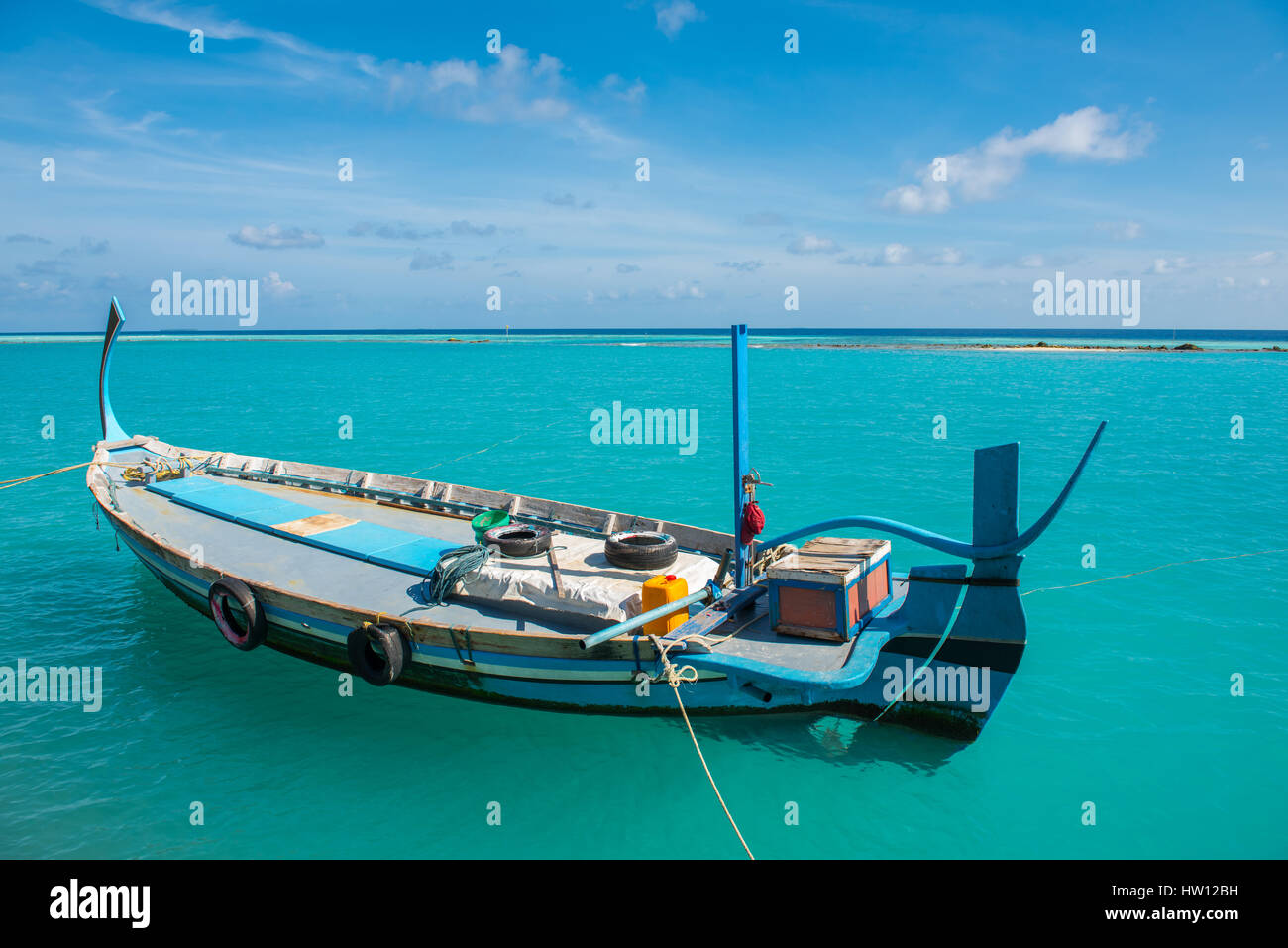 Malediven, Insel Fenfushi, Boot. Stockfoto