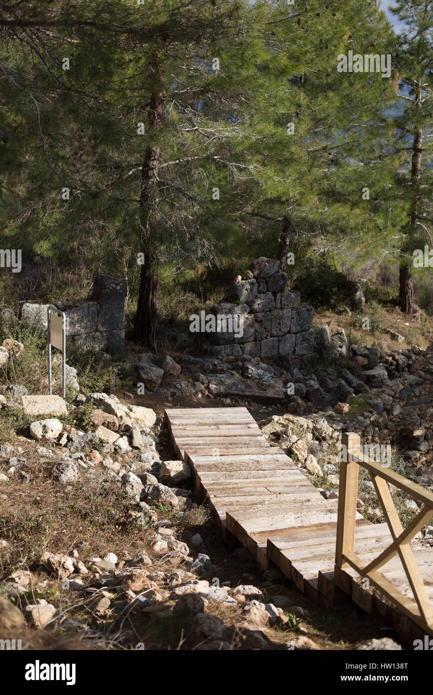 Hölzerne Treppe in der alten Stadt mit alten Steinmauer und Pinien im Hintergrund Hochformat Stockfoto