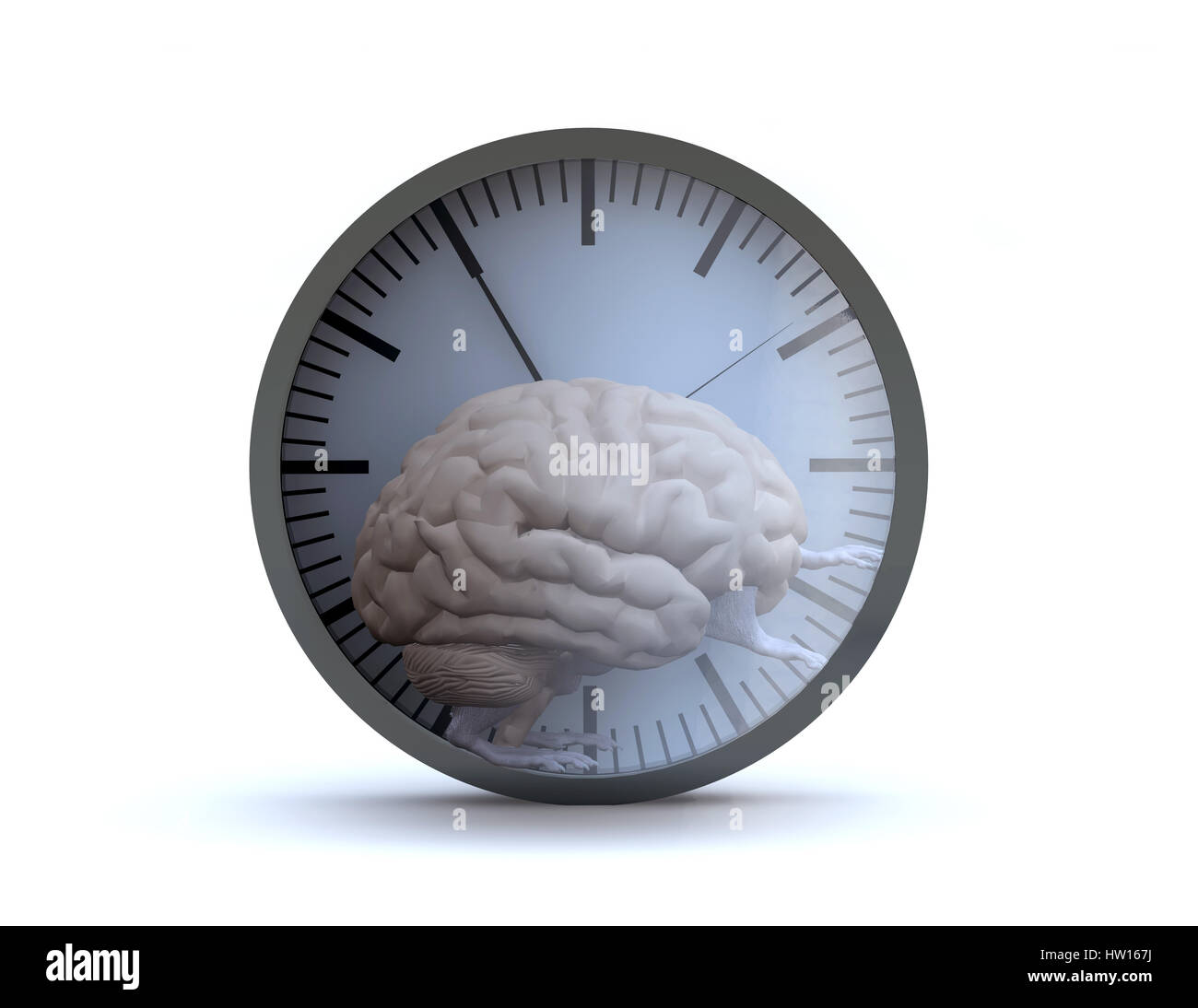 Menschliche Gehirn Orgel mit Armen und Beinen laufen in einem Hamsterrad wie eine Uhr, Stress Konzept abstrakten, 3d Illustration Stockfoto