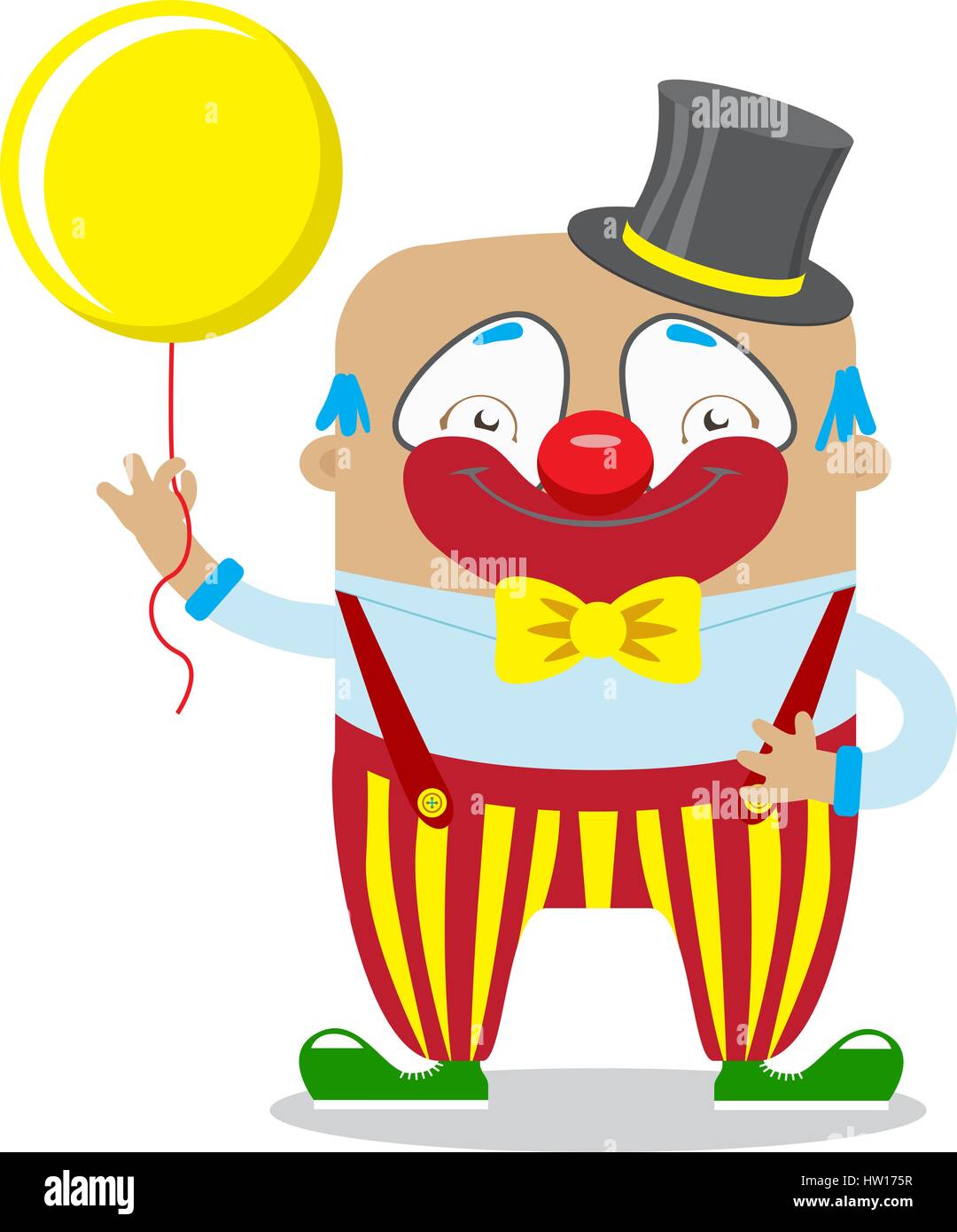 Zirkus Clown im klassischen Outfit mit roter Nase und Make up hält Ballon im Circus Show Künstler. Zirkus-Konzept. Flache Cartoon-Vektor-illustration Stock Vektor