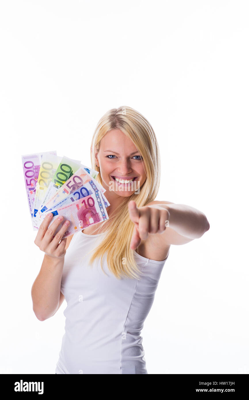 Blondine mit verschiedenen Euro-Banknoten in der Hand, Blondine Mit Verschiedenen Euro-Banknoten in der Hand Stockfoto