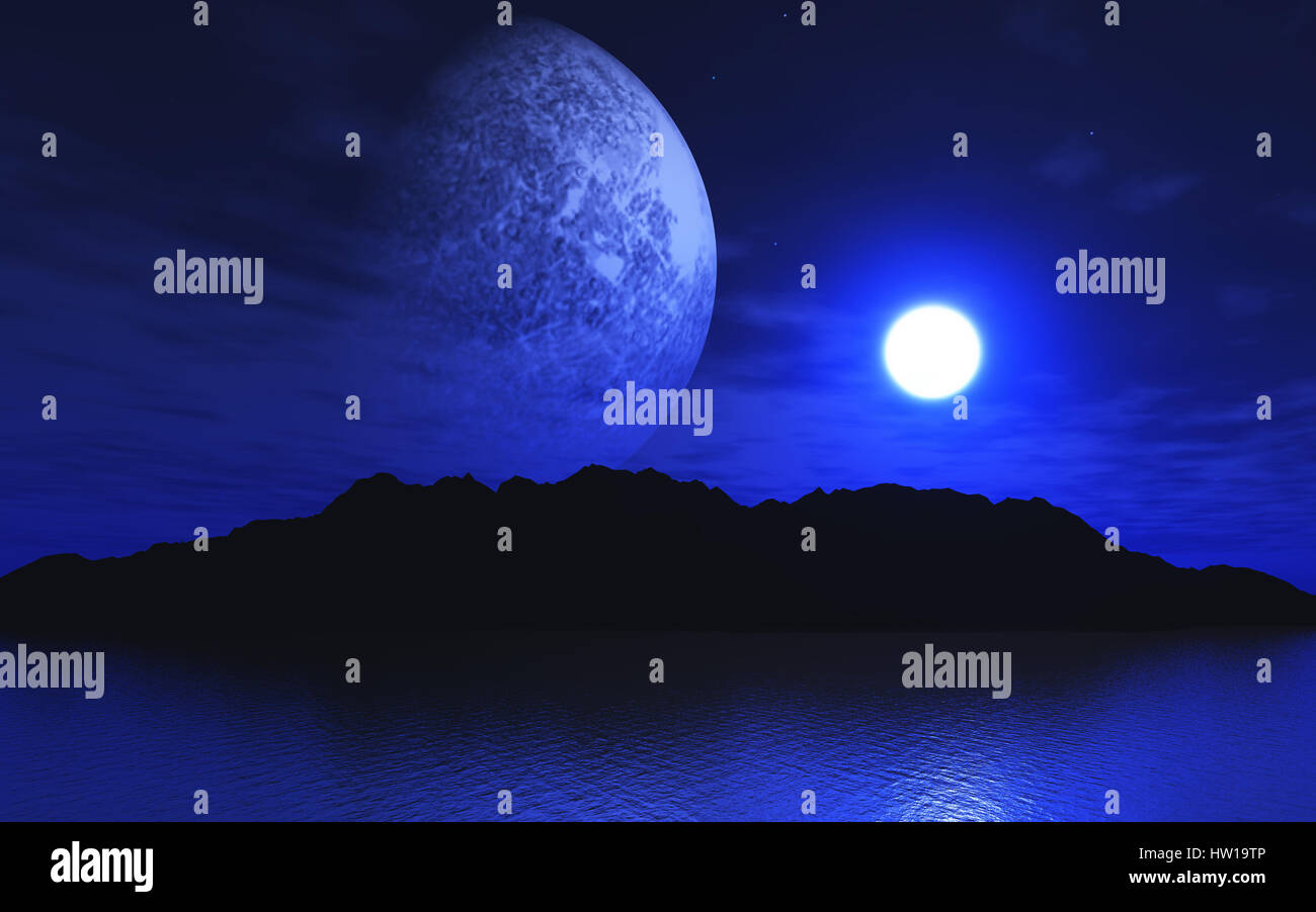 3D-Landschaft mit Planeten und Mond über dem Wasser Stockfoto