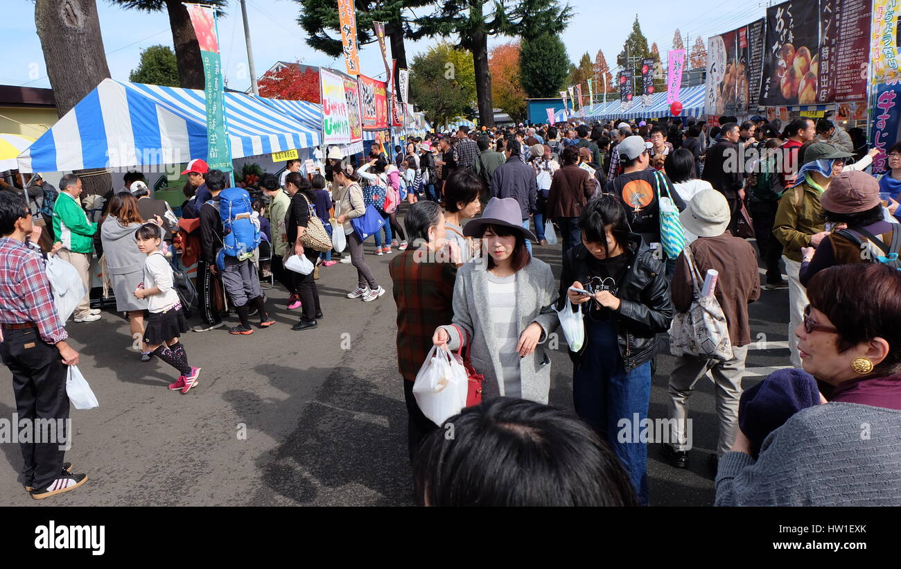 Massen in einer Nachbarschaft fest, bekannt als Matsuri, mit japanischen Stil Imbissbuden, bekannt als Yatai, Tokio, Japan. Stockfoto