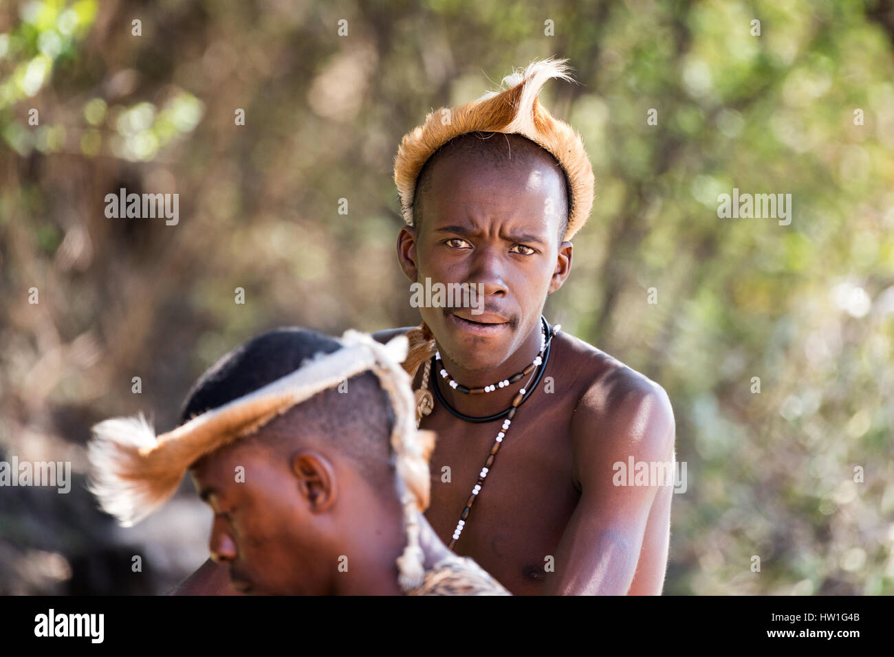 Lesedi Cultural Village, SOUTH AFRICA - 4. November 2016: Zulu Stammesangehörigen tragen Impala Haut Kopfschmuck. Zulu ist eines der fünf wichtigsten Stämme im Süden Af Stockfoto