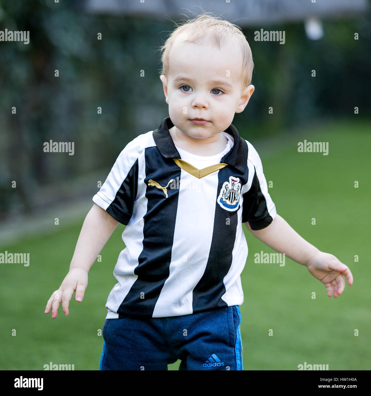 Kleiner Junge spielt in Newcastle United Fußballtrikot Stockfoto