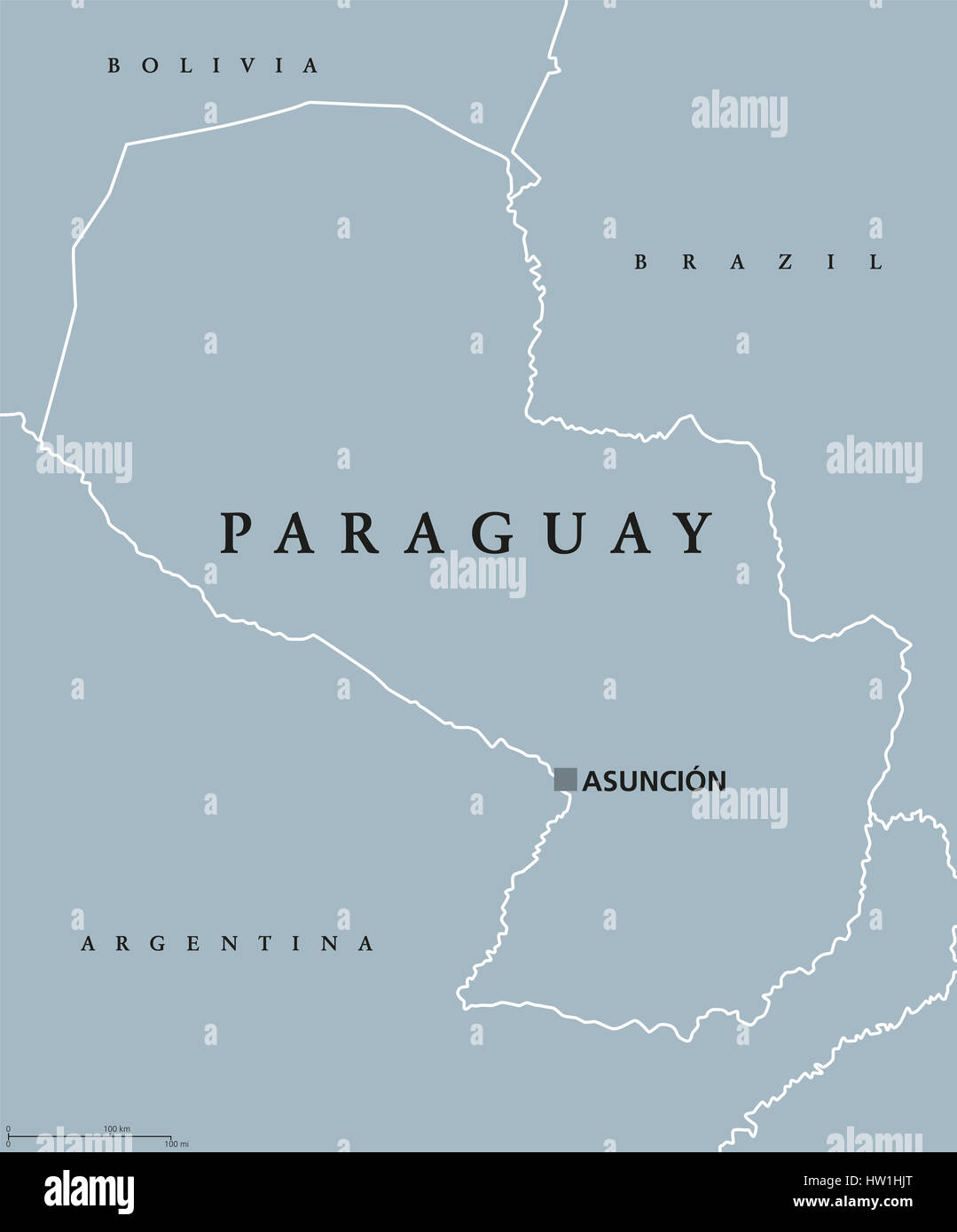 Paraguay politische Karte mit Hauptstadt Asuncion, nationale Grenzen und Nachbarn. Republik und Binnenstaat in Südamerika. Graue Abbildung. Stockfoto