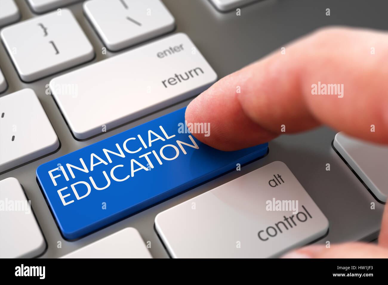 Hand Finger Presse Finanzwissen Tastatur. 3D. Stockfoto