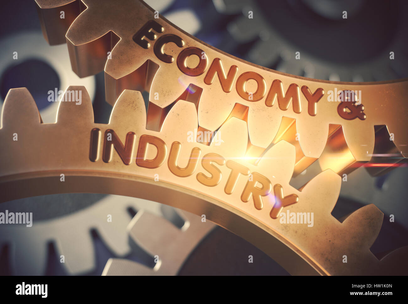 Wirtschaft und Industrie auf goldenen Zahnrad Zahnräder. 3D Illustration. Stockfoto
