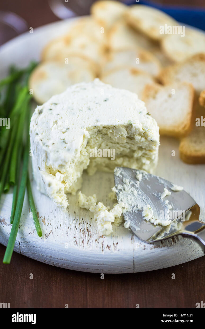 Gewürzte cremige Weichkäse mit Knoblauch und feinen Kräutern auf einer Holzplatte mit Crackern. Stockfoto