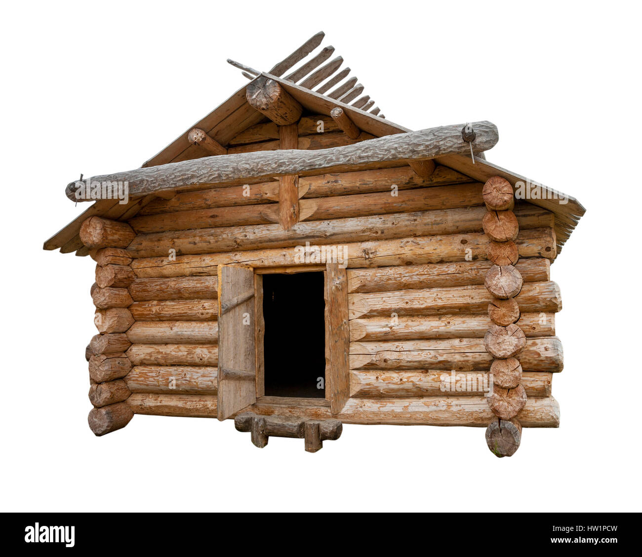 Holz Blockhaus, isoliert auf weißem Hintergrund Stockfoto