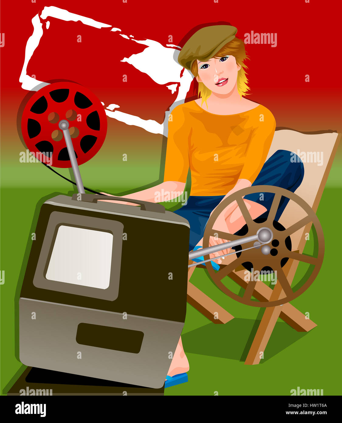 Kunst, Kultur und Unterhaltung, braunes Haar, Kappe, lässige Kleidung, Stuhl, Clipart, Farbe, Farbe, Farbe, Bild, Computer Graphics, digital erzeugten Bild, Animation, Film Stockfoto