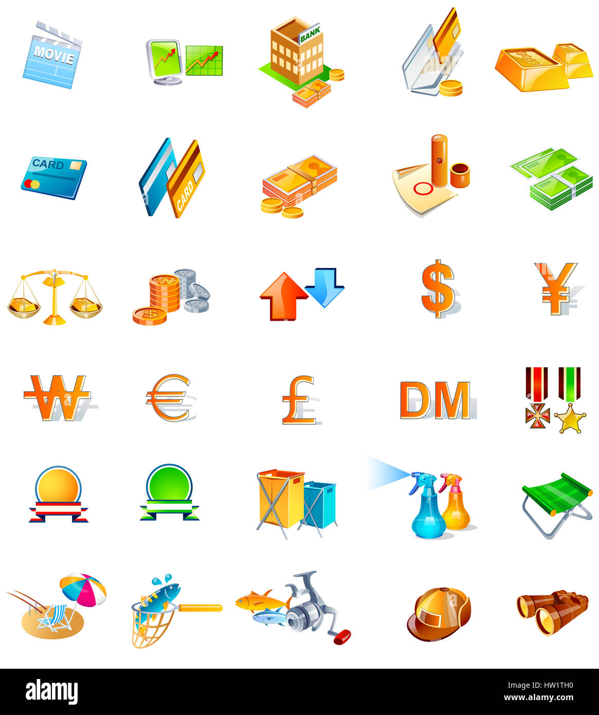 Alphabet, Bank, Sonnenschirm, Fernglas, Flasche, Kappe, Clip Art, Clipart, Münze, Farbe, Farbe, Farbe, Bild, Computer, Computer Graphics, Computer Symbol, Kreditkarte, digital erzeugten Bild, Euro Stockfoto