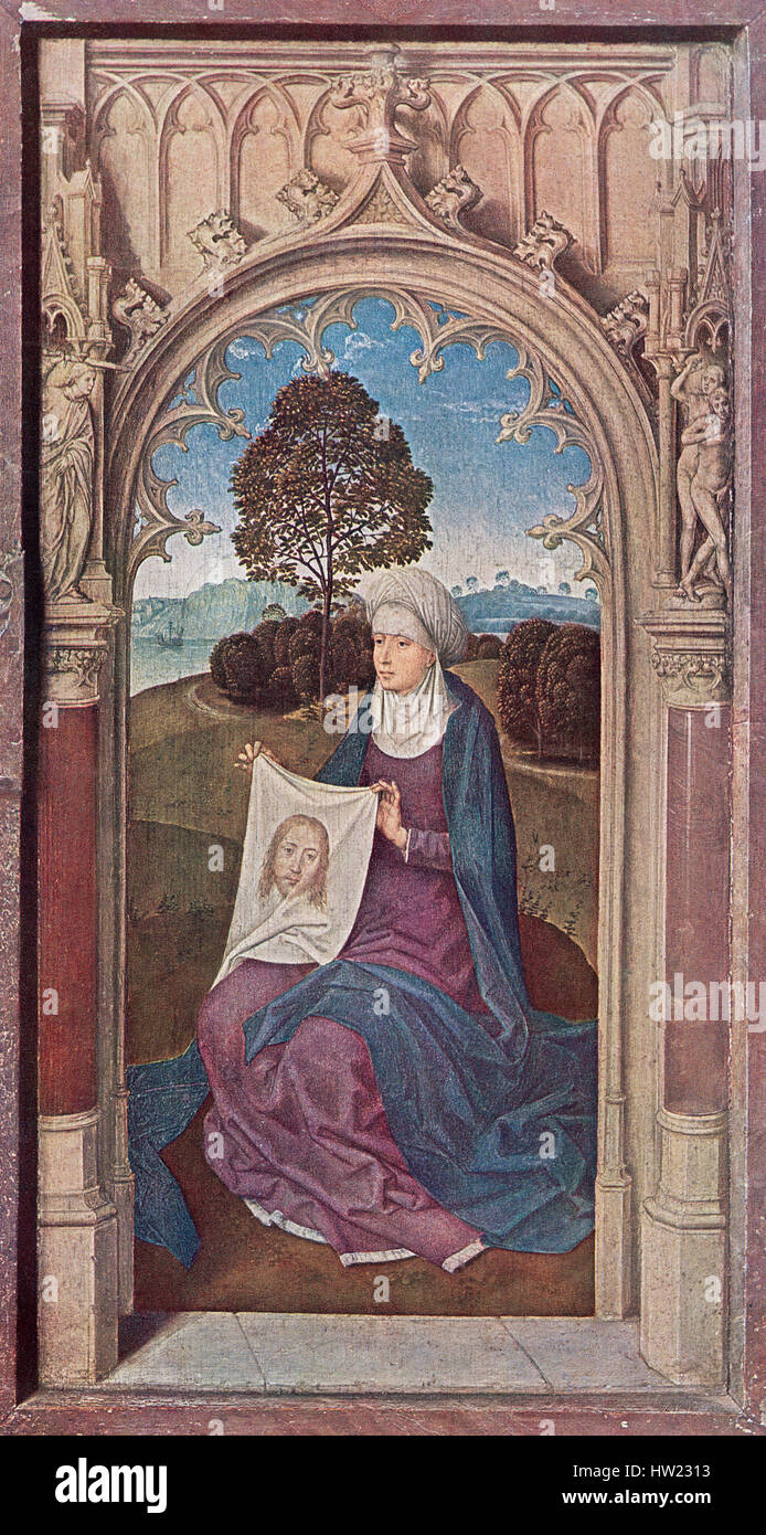 Äußere Verkleidung der Triptychon von Jan Floreins von Hans Memling, C. 1430/1440 - 1494. Saint Veronica Holding das Grabtuch von Turin. Stockfoto