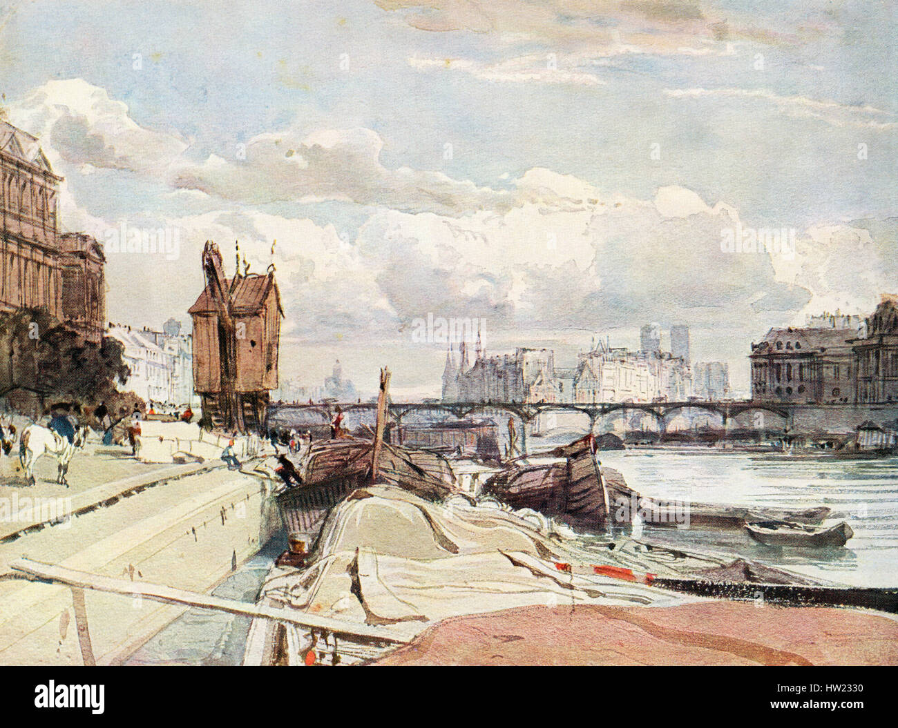Der Quai du Louvre und der Pont des Arts, Paris, Frankreich im 19. Jahrhundert. Nach dem Gemälde von Richard Parkes Bonington. Stockfoto