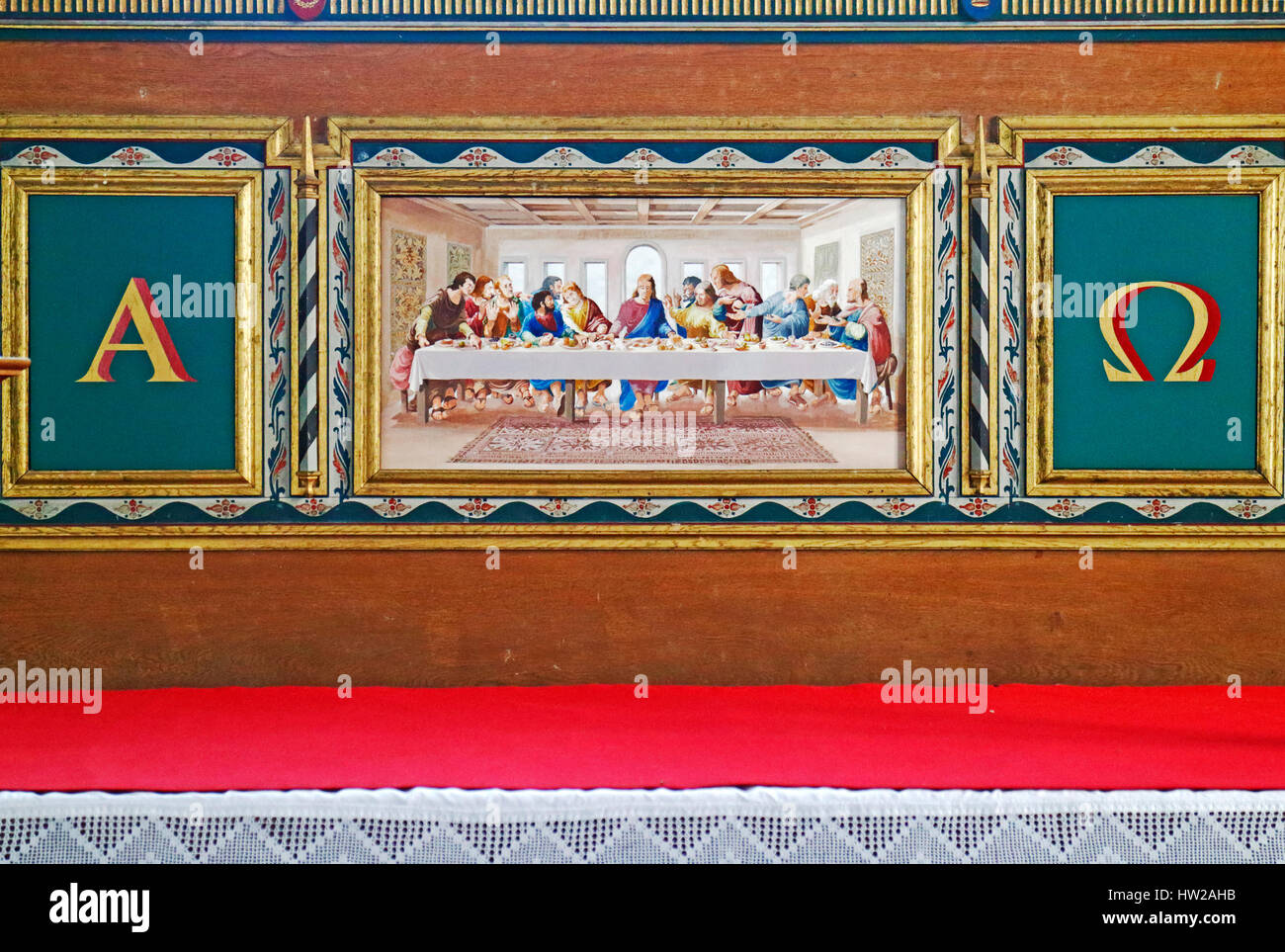 Retabel in der Pfarrkirche St. Johannes der Täufer am Toynbee, Norfolk, England, Vereinigtes Königreich. Stockfoto