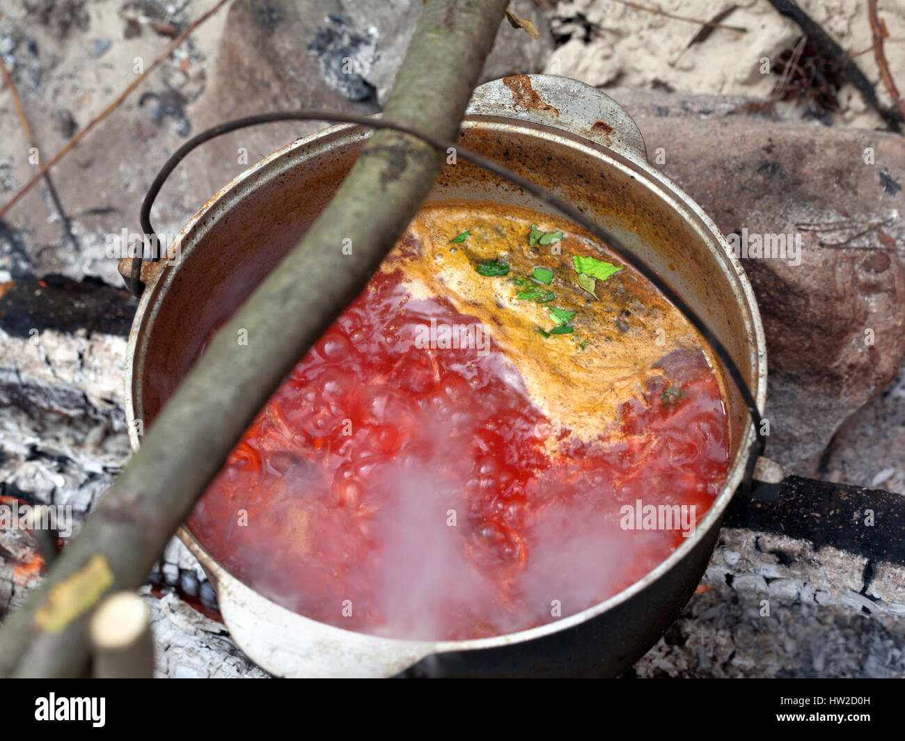 Borschtsch (ukrainische traditionelle Suppe) kochen in rußigen Kessel am Lagerfeuer im Wald. Selektiven Fokus. Stockfoto