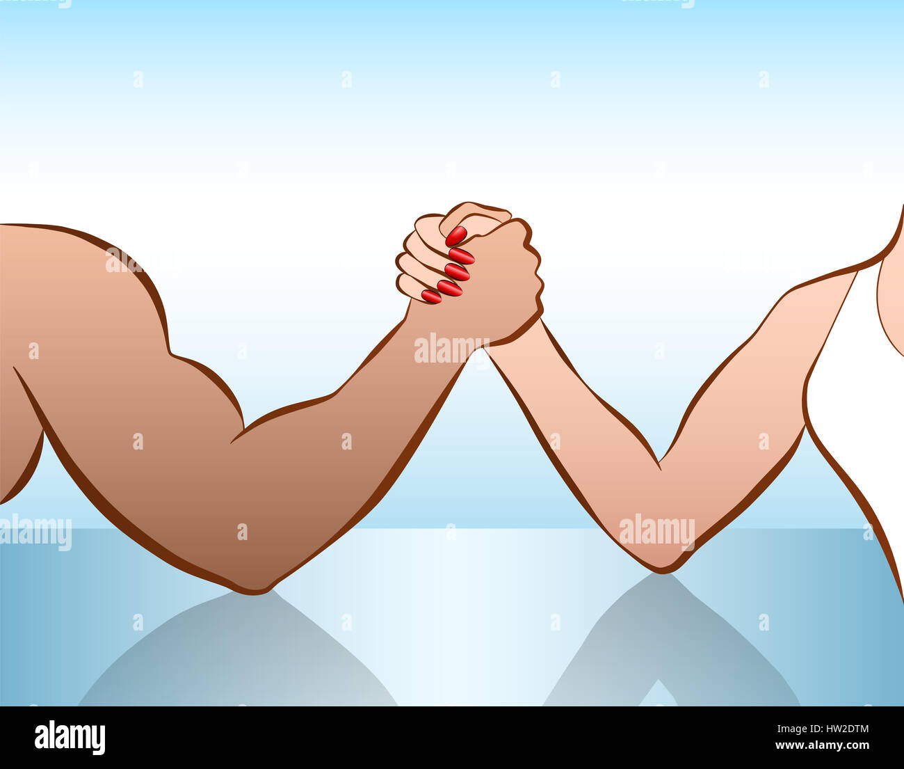 Mann und Frau Armdrücken der als Symbol für den Kampf der Geschlechter oder Geschlecht Kampf. Abbildung auf weißem Hintergrund. Stockfoto
