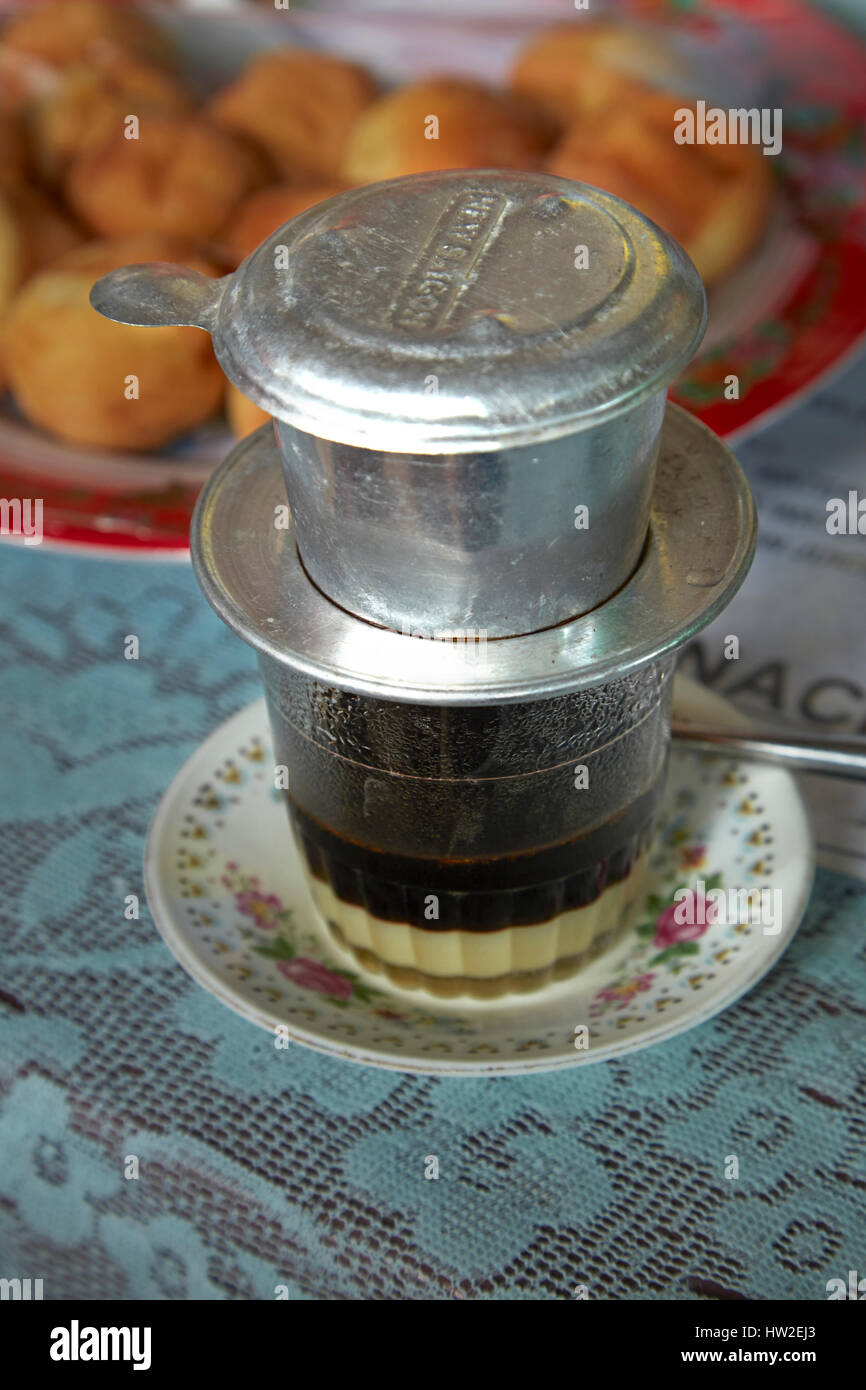 Vietnamesischer Kaffee mit Kondensmilch, Cam Kim Insel, Hoi an, Vietnam Stockfoto