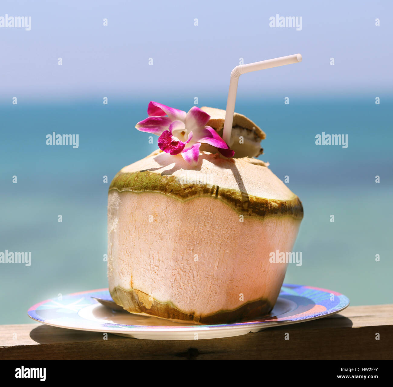 Eine köstliche Kokos-Saft fotografiert auf dem Hintergrund des Meeres Stockfoto