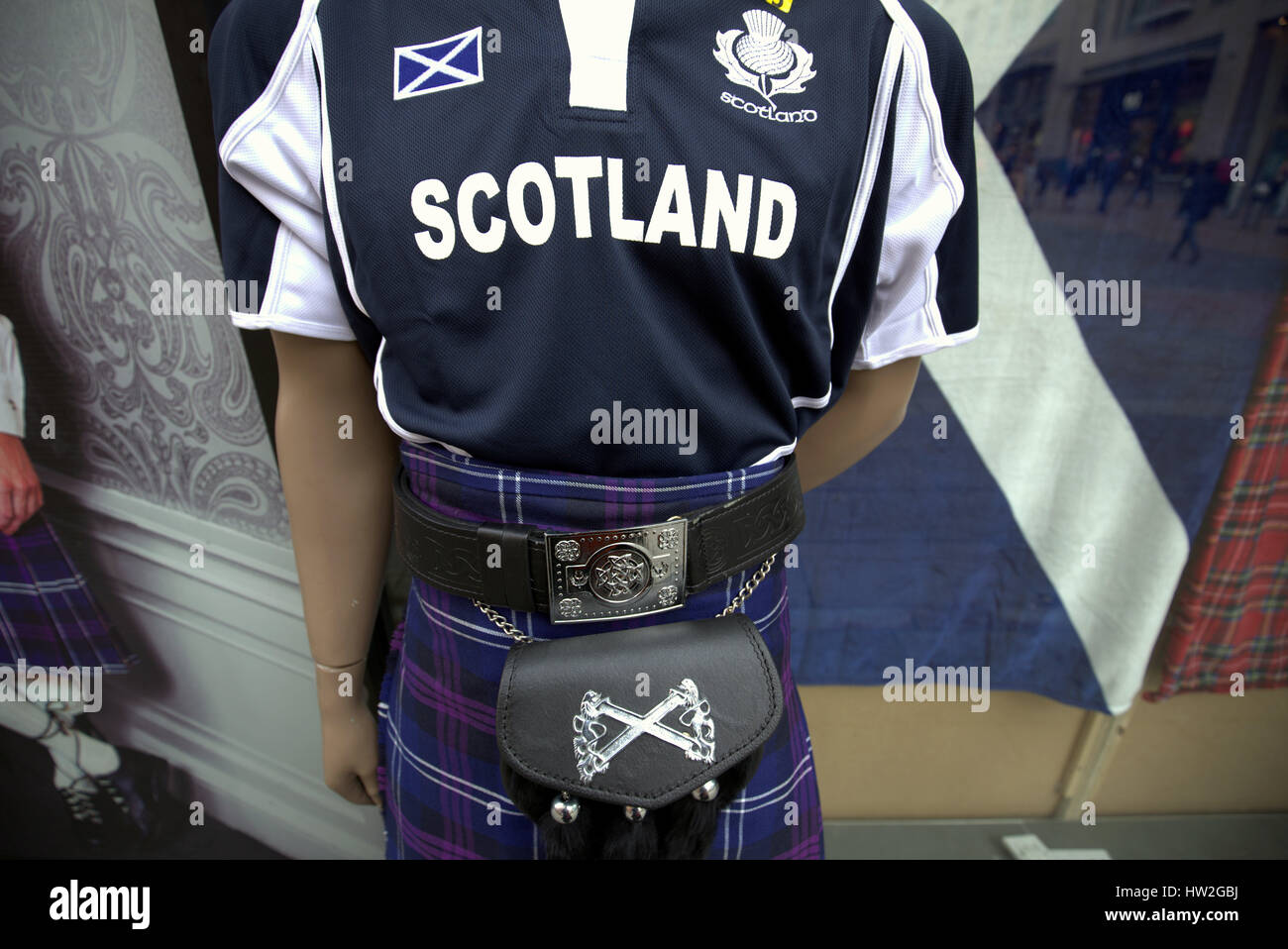 Schottland Fahne Rugbyshirt Kilt Sporran kitsch Stockfoto
