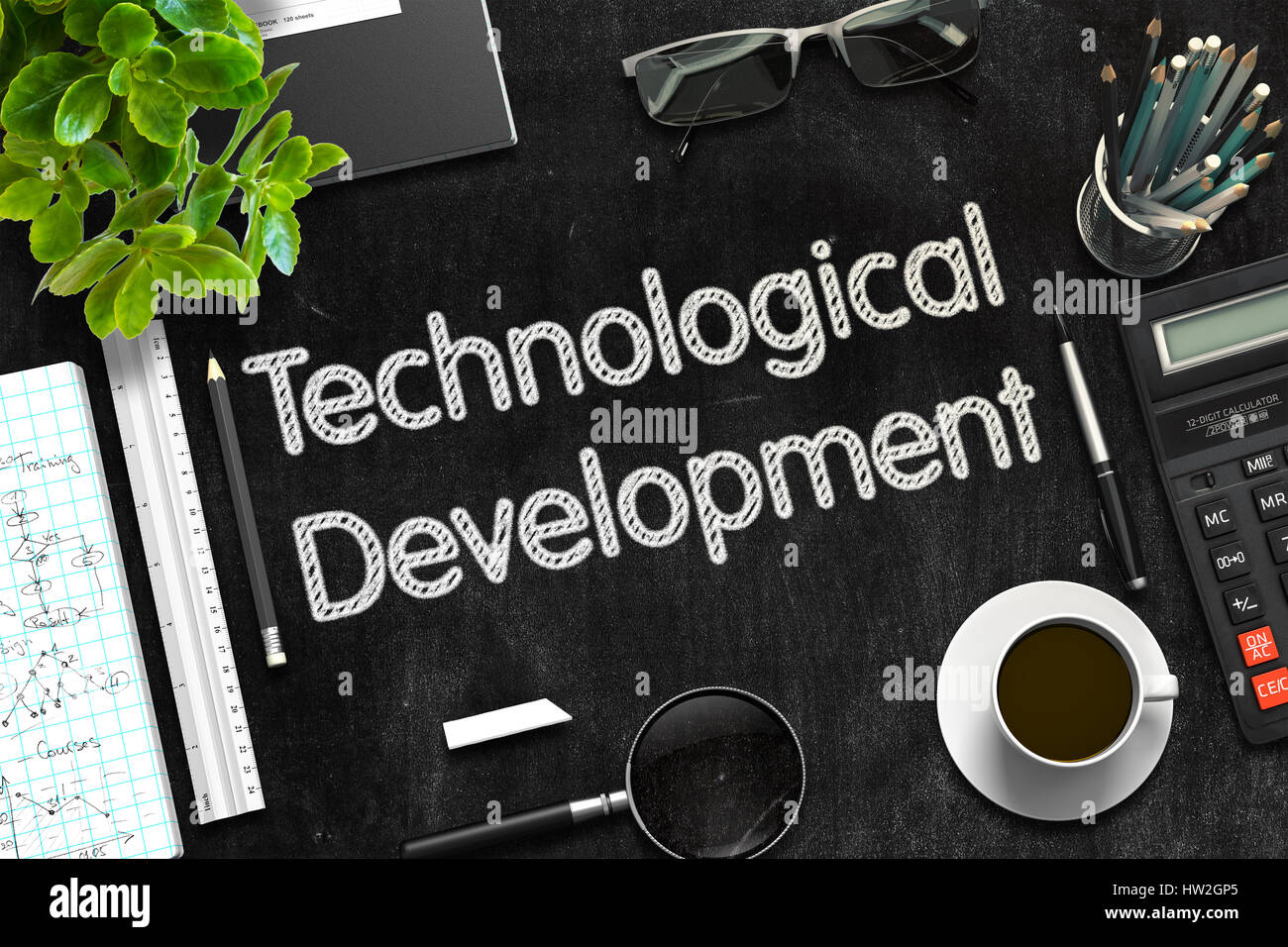 Technologische Entwicklung an schwarzen Tafel. 3D-Rendering. Stockfoto