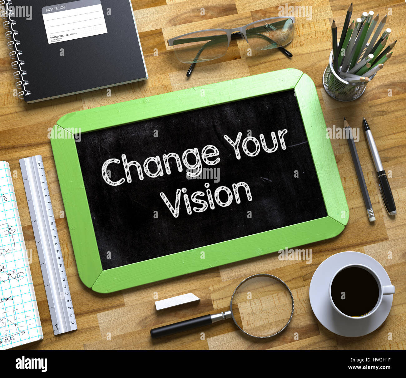 Ändern Sie Ihre Vision-Konzept auf kleinen Tafel. 3D. Stockfoto