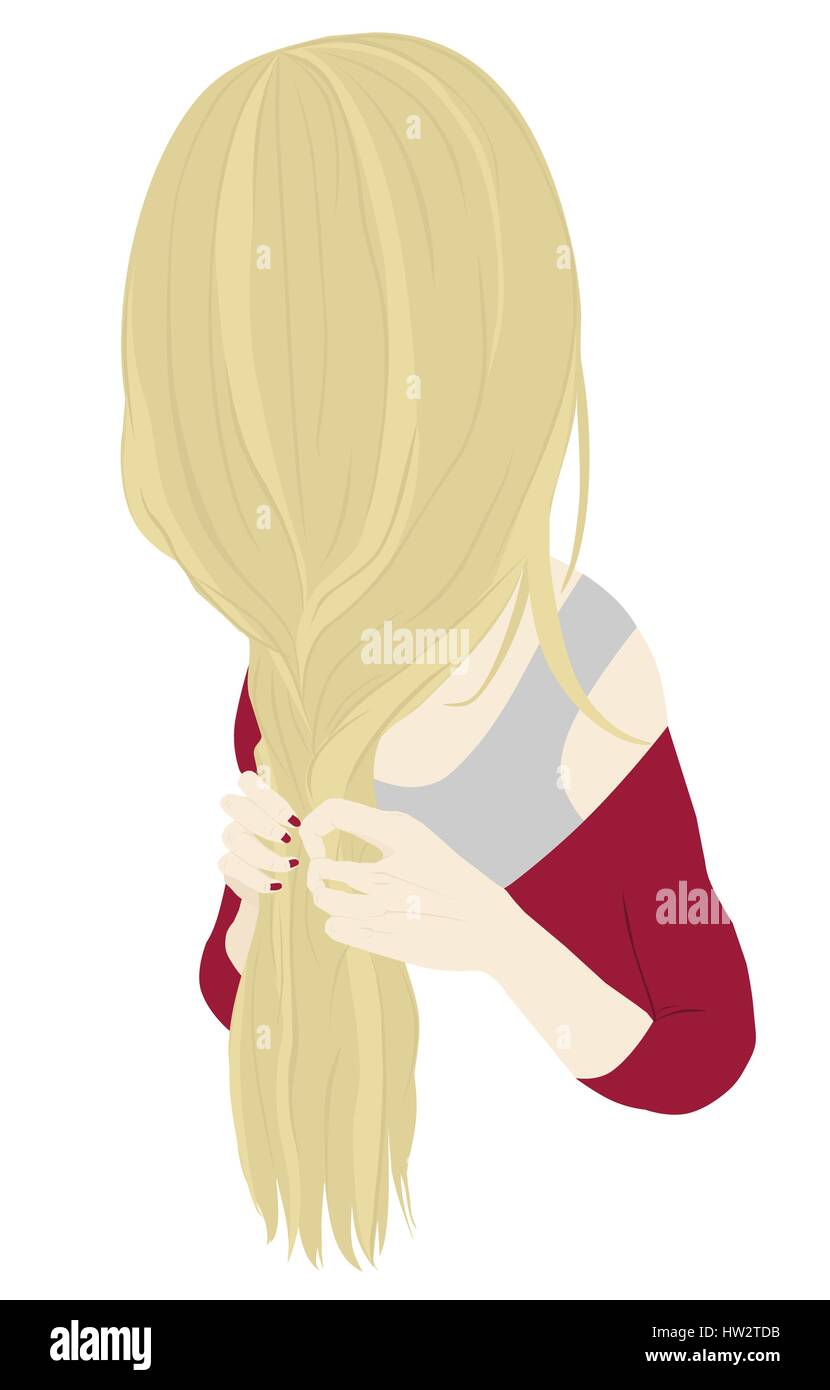 Ein Mädchen mit langen blonden Haaren machen sich einen Zopf Stock Vektor