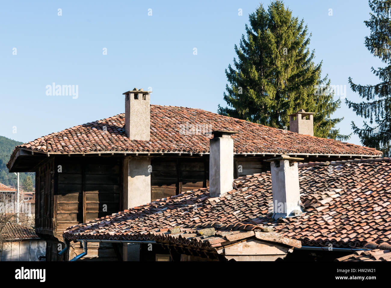 Fliesen Sie, Dächer, weiße Schornsteine und grüne Tanne dahinter gegen blauen Himmel Stockfoto