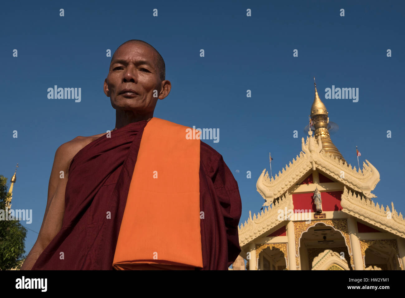 Ein buddhistischer Mönch am Eingang der Maha Wizaya Pagode in Yangon, Region Yangon, Myanmar Stockfoto