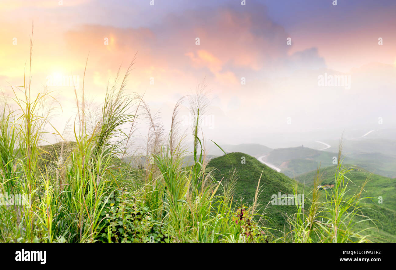 Blick auf die Berge im Norden von Laos breit und wolkig niedrige Beleuchtung nach Regen am Morgen. Stockfoto