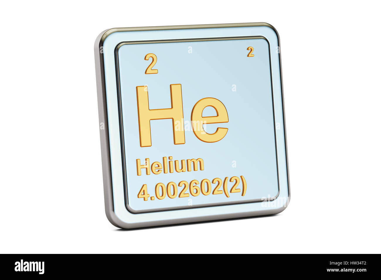 Helium He, Chemisches Element Zeichen. 3D-Rendering isoliert auf weißem Hintergrund Stockfoto