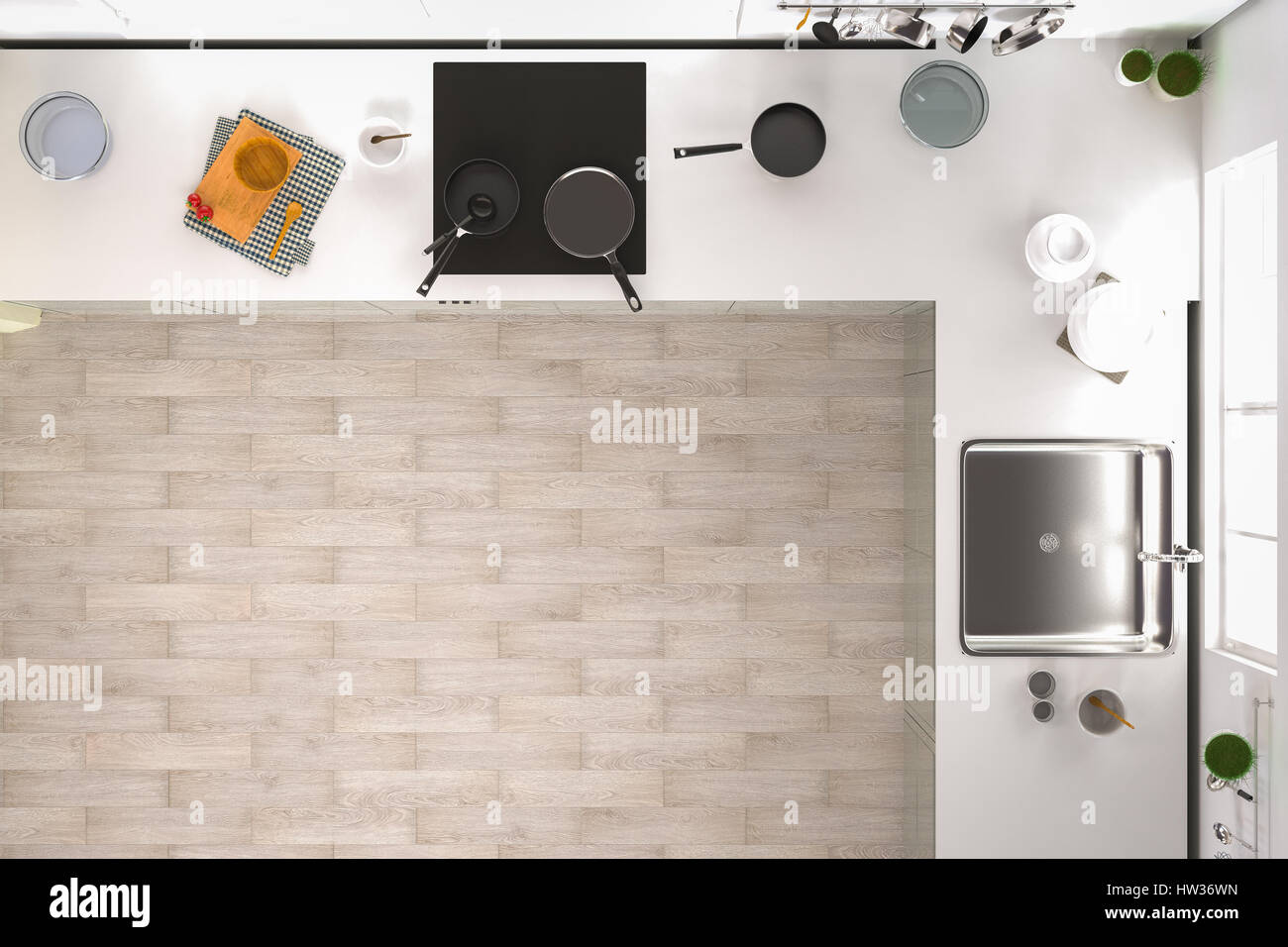3D Rendering Küche Top Innenansicht mit Holzboden Stockfoto