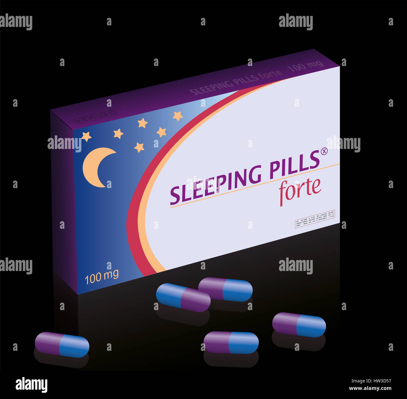 Schlaftabletten Box - gefälschte Medizinprodukt-Paket. Darstellung auf schwarzem Hintergrund. Stockfoto