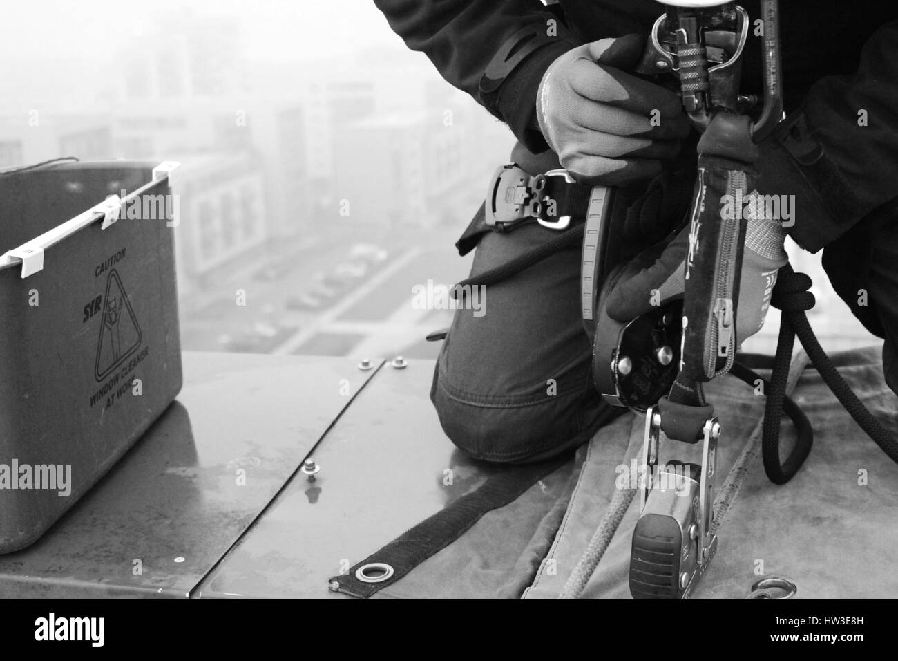 Dokumentarfotografie der Cardiff Fenster Reinigung Firma Stockfoto
