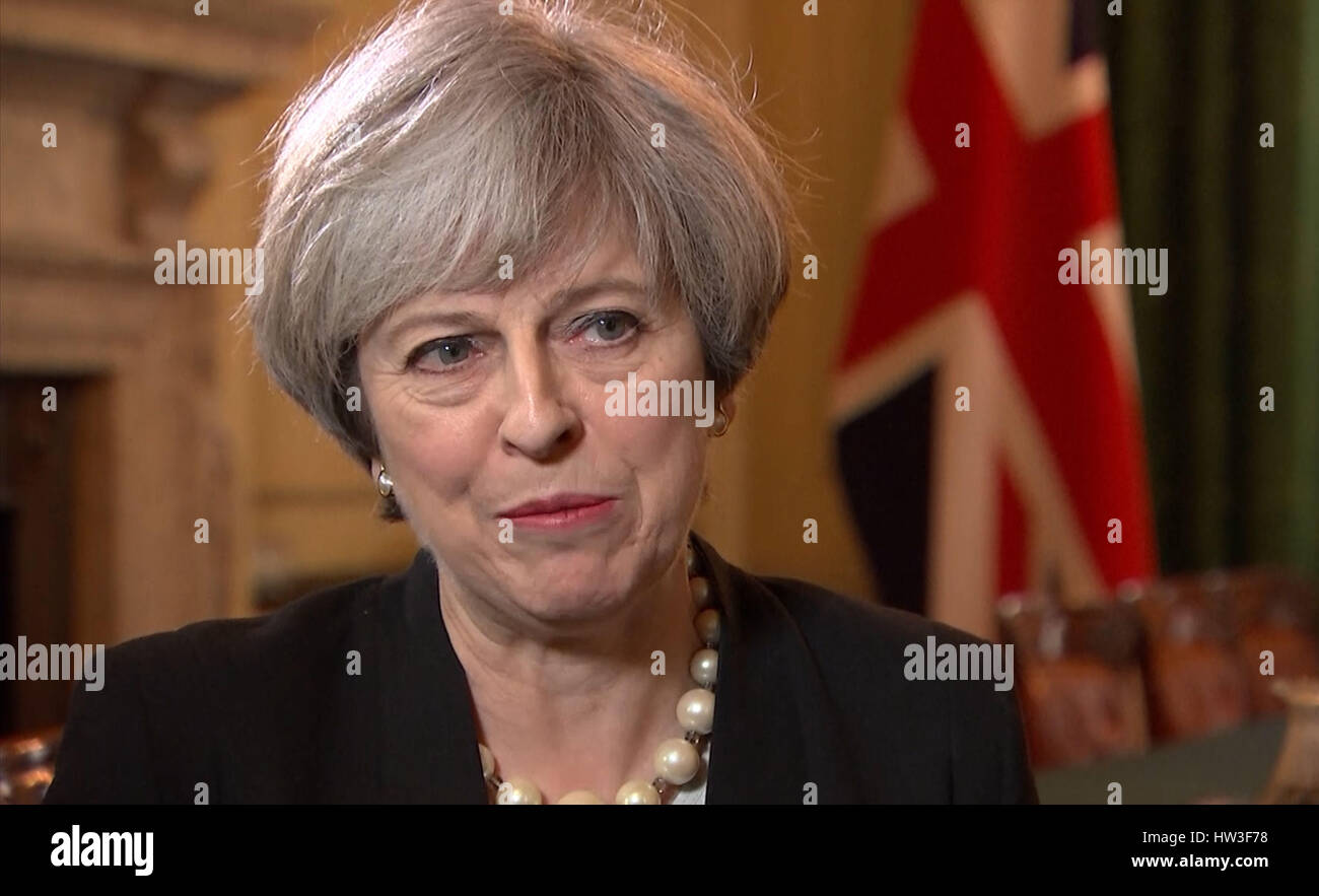 Video Grab von Premierminister Theresa kann ein zweites Referendum über die Unabhängigkeit sprechen. Stockfoto