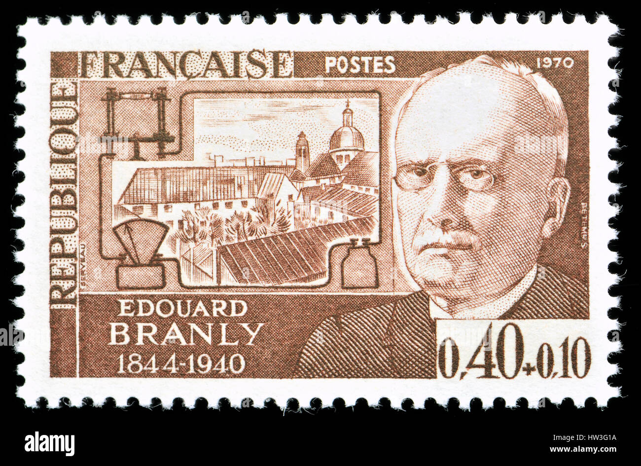 Französische Briefmarke (1970): Édouard Eugène Désiré Branly (1844 – 1940), französischer Erfinder, Physiker und Professor am Institut Catholique de Paris. Stockfoto