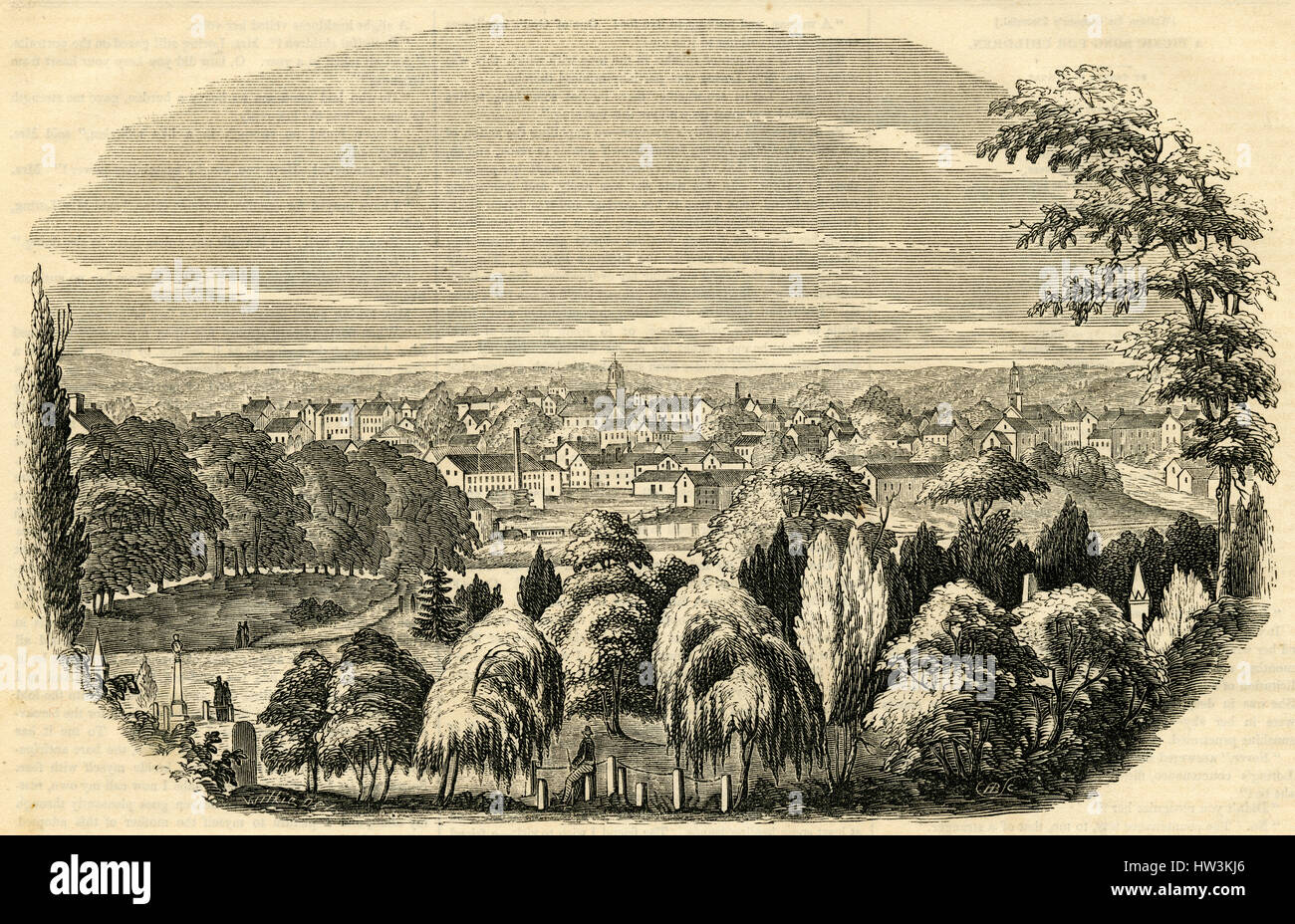 Antiken 1854 Gravur, "Ansicht der Danvers, vom Friedhof, Harmonie Hain." Danvers ist eine Stadt im Essex County, Massachusetts, ursprünglich bekannt als Salem-Dorf. QUELLE: ORIGINAL GRAVUR. Stockfoto
